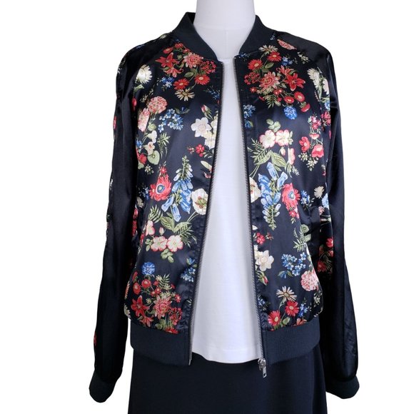 No Boundaries Black Floral Poly Zip Bomber Jacket Size Jr. 11-13 Fits Women M - Picture 1 of 10